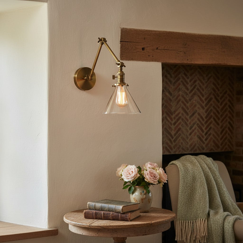 Conique Metal Industrial Wall Sconce with Adjustable Arm - Vintage Glass Cone Shade