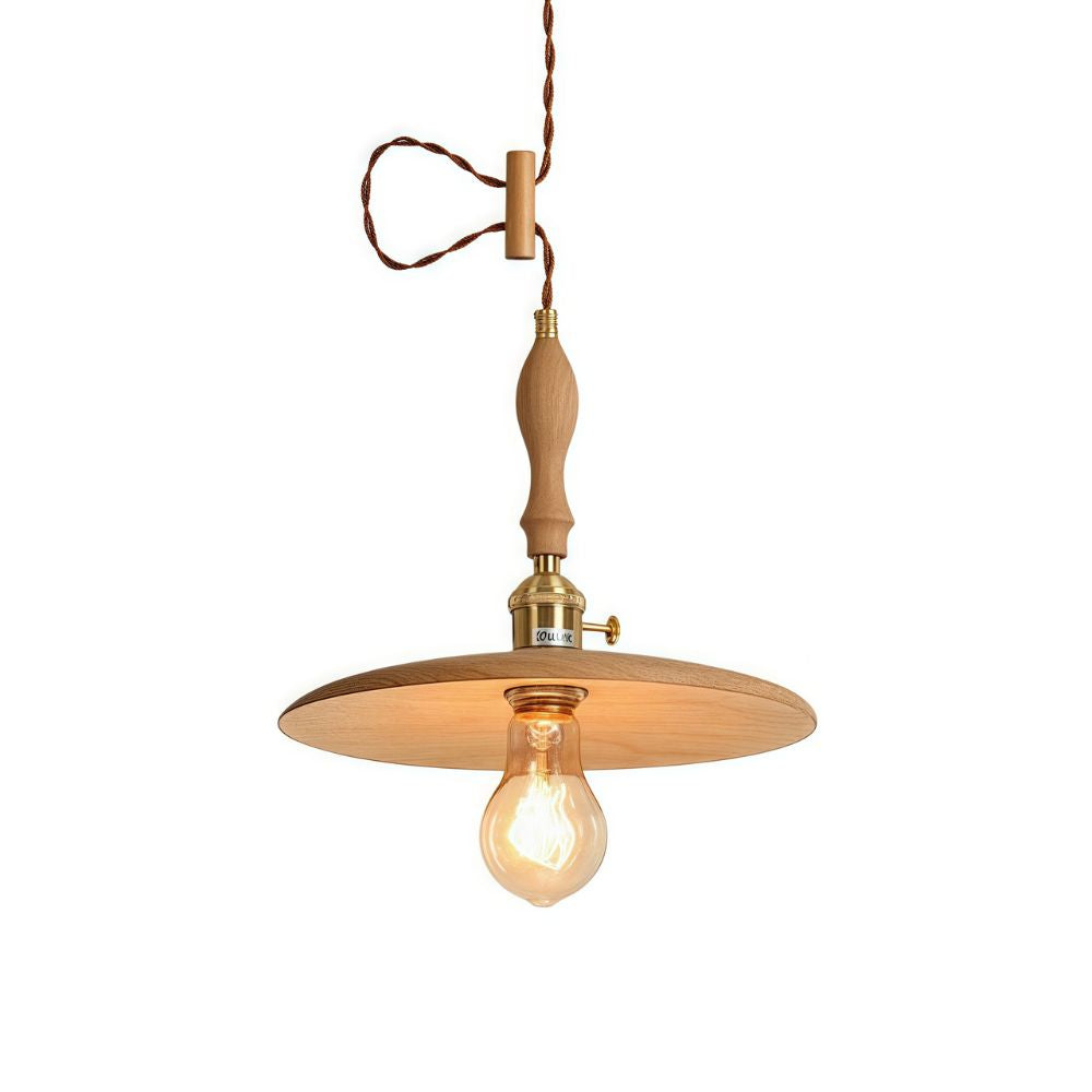 Wood Round Pendant Light - Retro Disc Design with Handle for Farmhouse