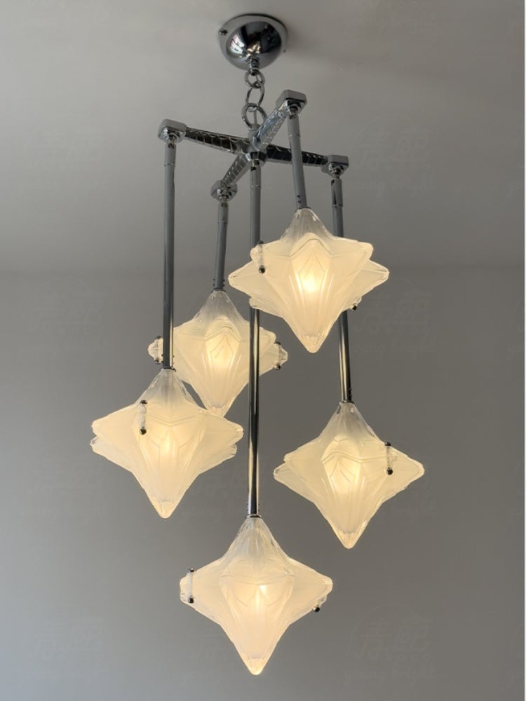 Art Deco Astris Star Chandelier -Frosted Glass Deco Fixture for Dining Room