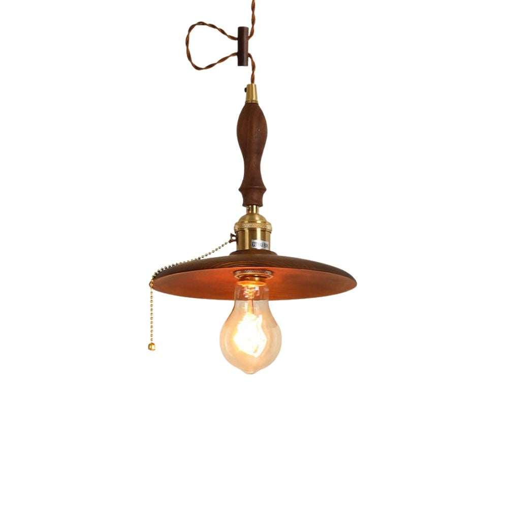 Wood Round Pendant Light - Retro Disc Design with Handle for Farmhouse