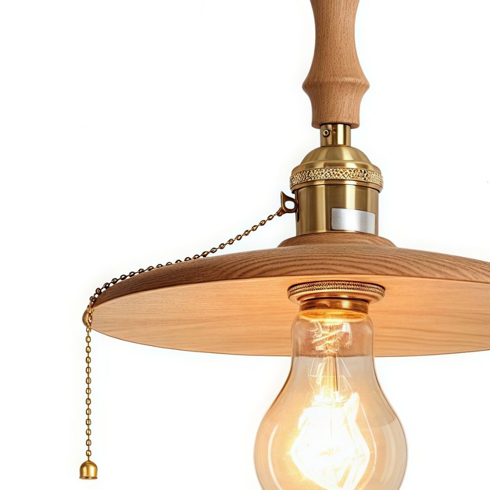 Wood Round Pendant Light - Retro Disc Design with Handle for Farmhouse