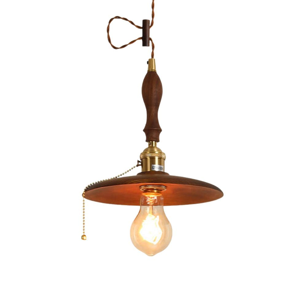 Wood Round Pendant Light - Retro Disc Design with Handle for Farmhouse