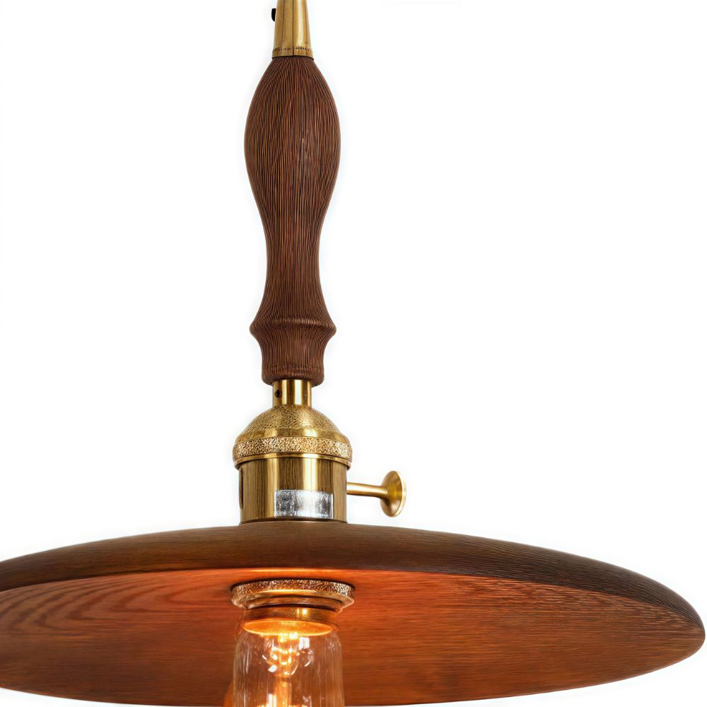 Wood Round Pendant Light - Retro Disc Design with Handle for Farmhouse