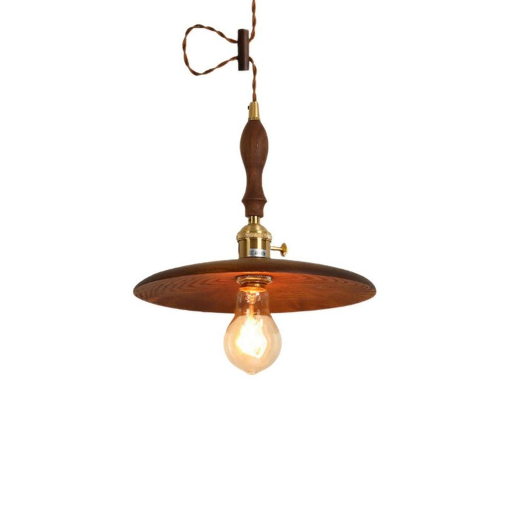Wood Round Pendant Light - Retro Disc Design with Handle for Farmhouse