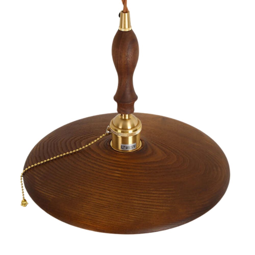 Wood Round Pendant Light - Retro Disc Design with Handle for Farmhouse