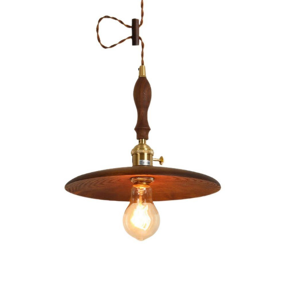 Wood Round Pendant Light - Retro Disc Design with Handle for Farmhouse