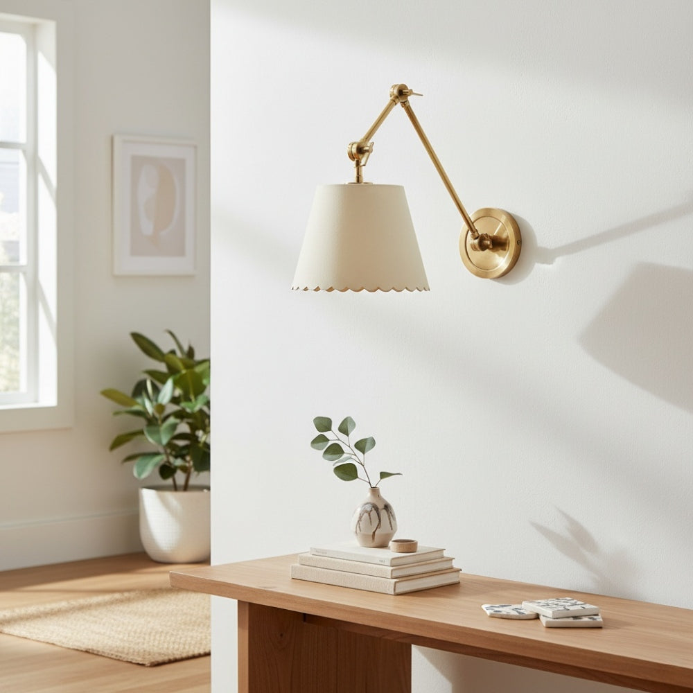 Foldray Leather Scalloped Sconce - Vintage Brass Light for Bedroom