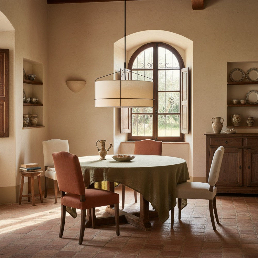 Horelia Linen Drum Pendant Light - Industrial Metal Light for Bedroom