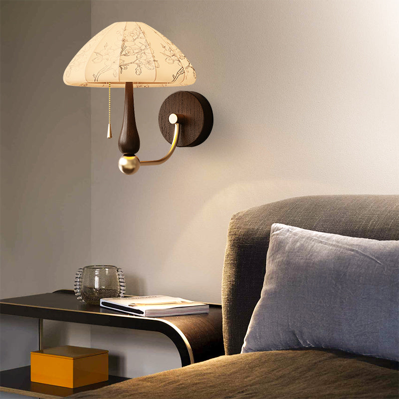 Retro Fabric Pattern Mushroom Wall Lamp With Foliaged Silk For Study