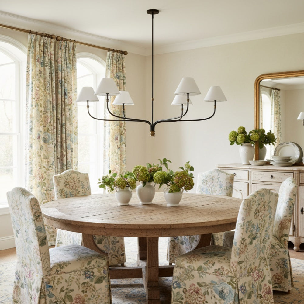 Calin Linen Shade Chandelier - Bronze Iron Round Lamp for Living Room