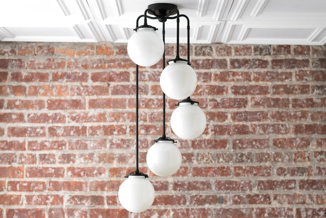 Glorica Glass 5 Globe Chandelier - Brass and Opal Glass Vintage Pendant Light