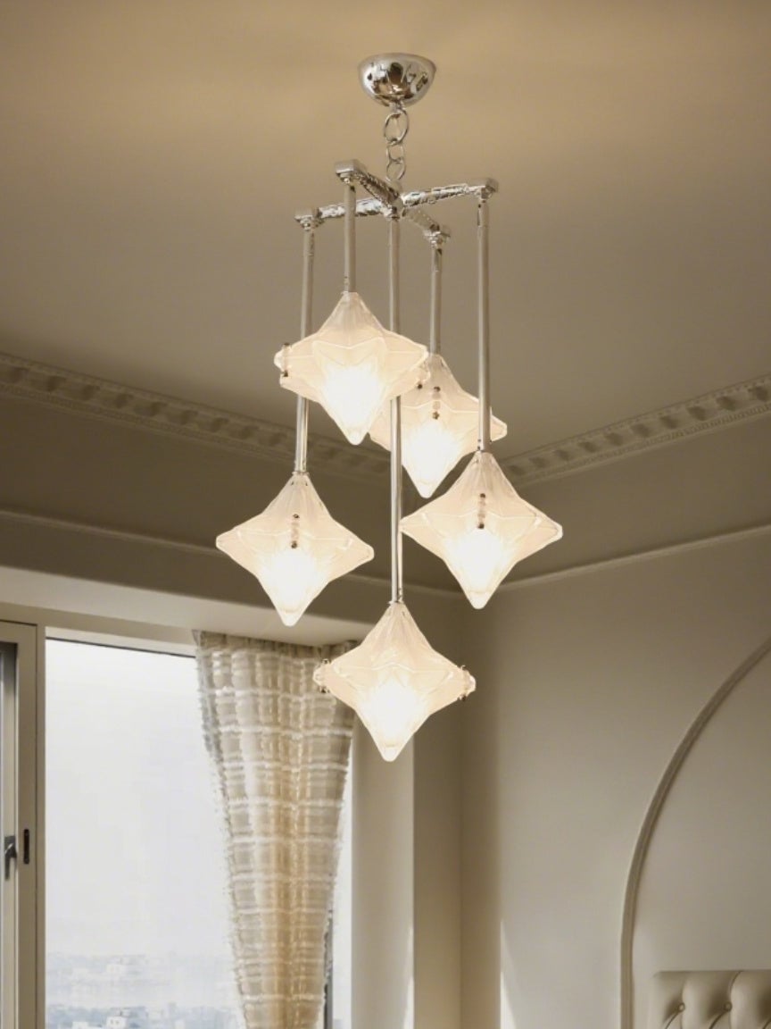 Art Deco Astris Star Chandelier -Frosted Glass Deco Fixture for Dining Room