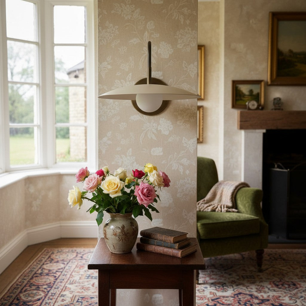 Curva Metal Modern Wall Sconce - Antique Brass Arm with Cream Disc Shade