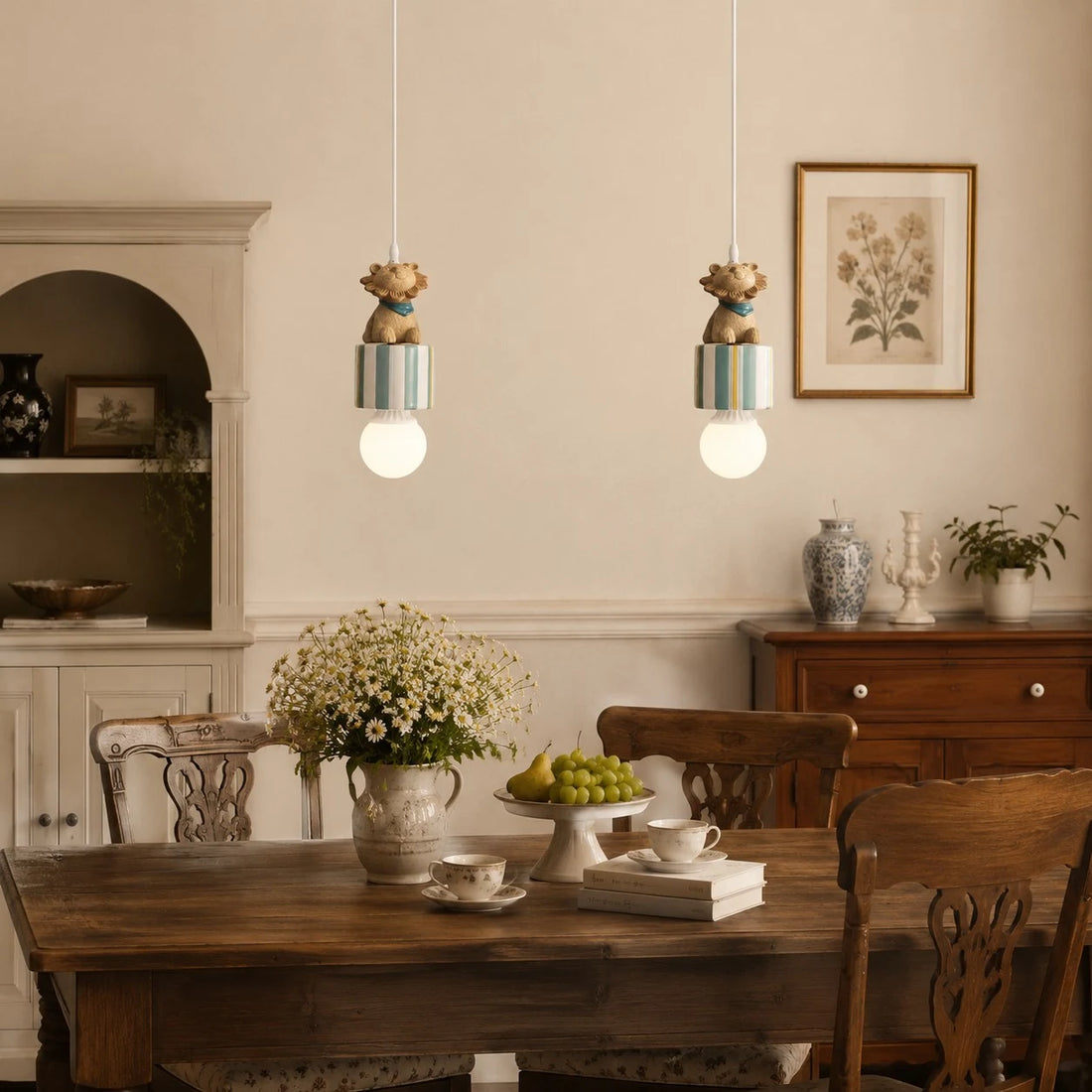Animal gift box pendant lamps above a dining table