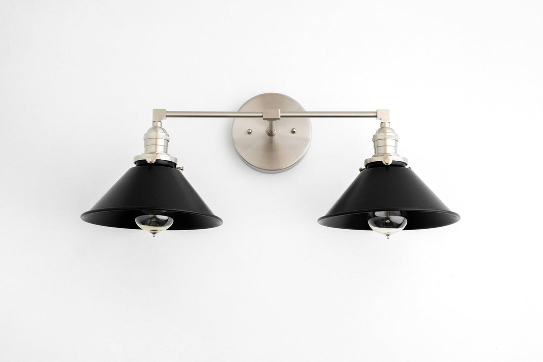 Conique Metal Dual Black Sconce with Cone Shades - Industrial Vanity Wall Light for Mirror