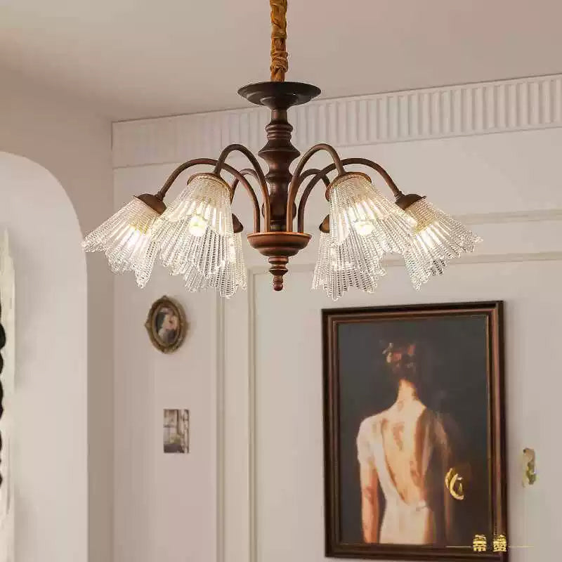 Medieval Style Multi-head Metal Chandelier With Foliaged Glass For Living Room