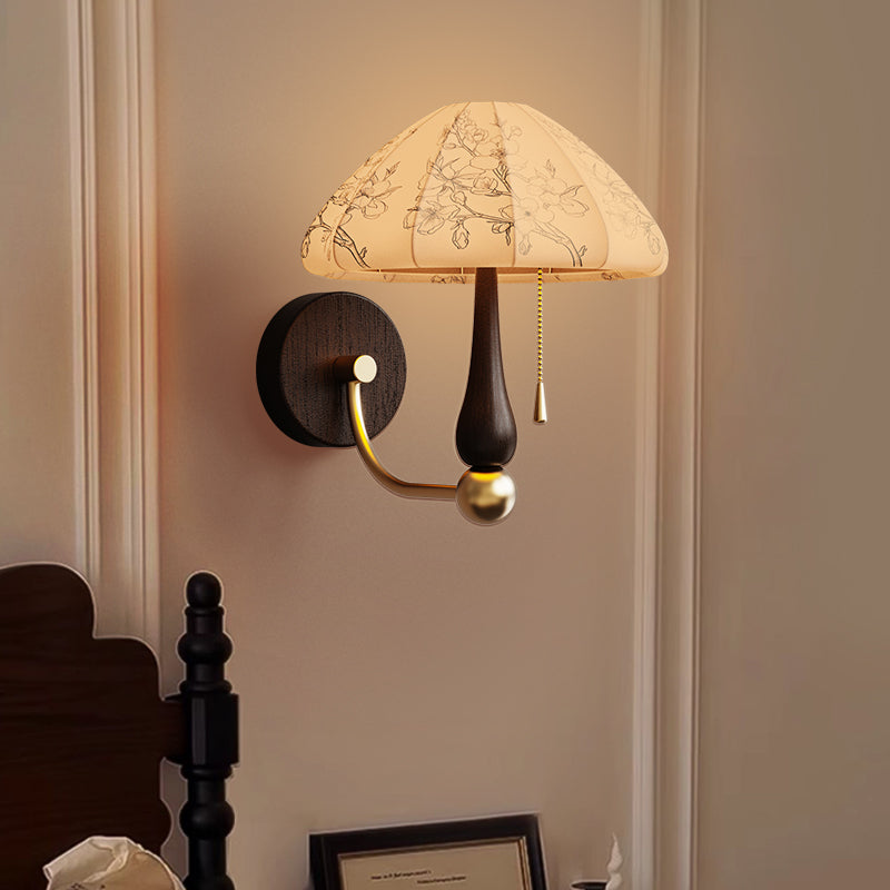 Retro Fabric Pattern Mushroom Wall Lamp With Foliaged Silk For Study