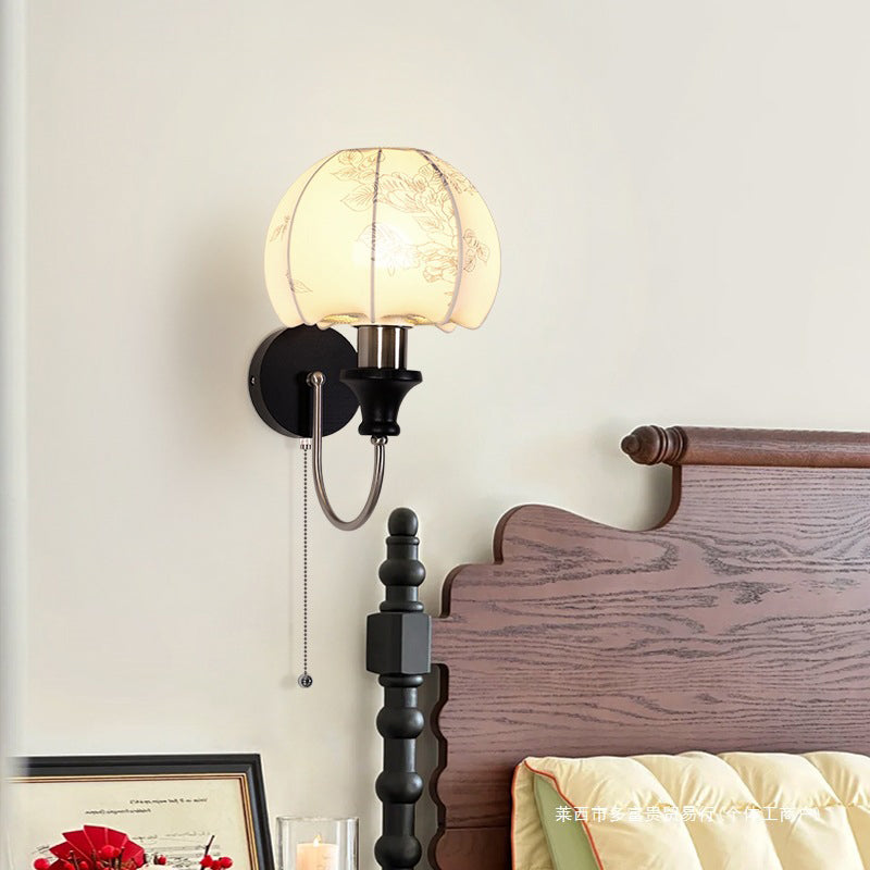 French Fabric Patterned Buds Shape Wall Lamp With Classic Castellated Lantern For Corridor