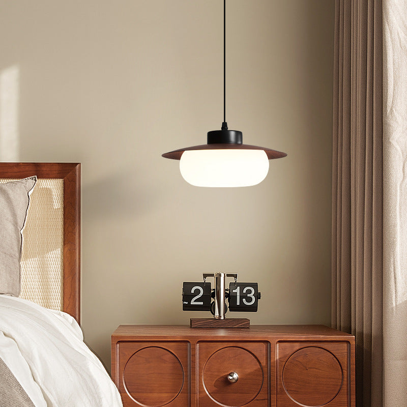 Artistic Walnut UFO Shape Pendant Light With Artisanal Mystified Disc For Restaurant