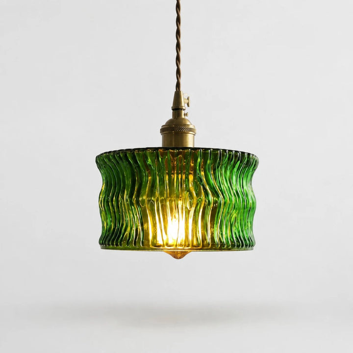 Vintage Ripple Glass Pendant Light With Warm Brass Accent