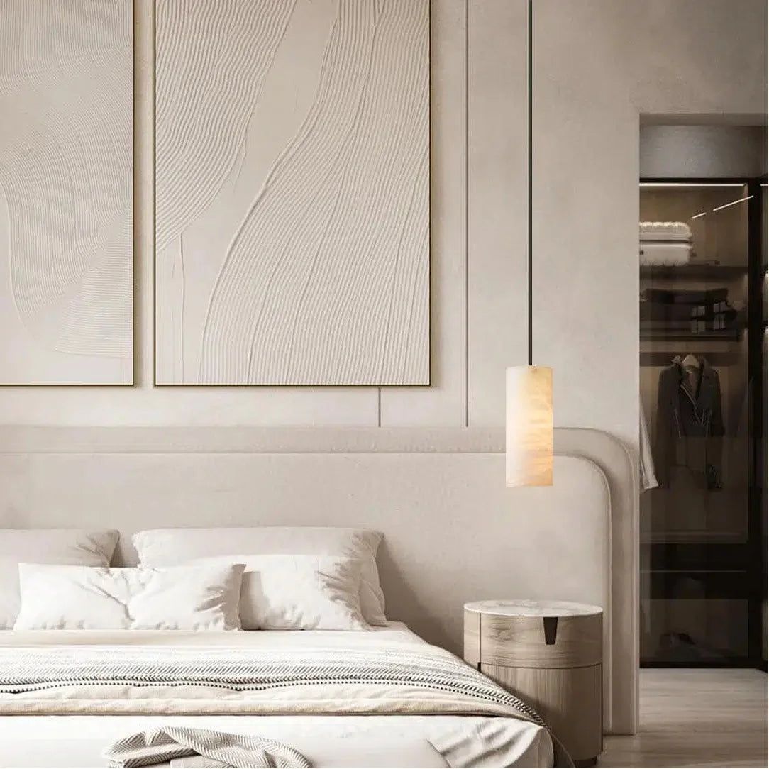 Hand Carved Alabaster Cylinder Pendant Light