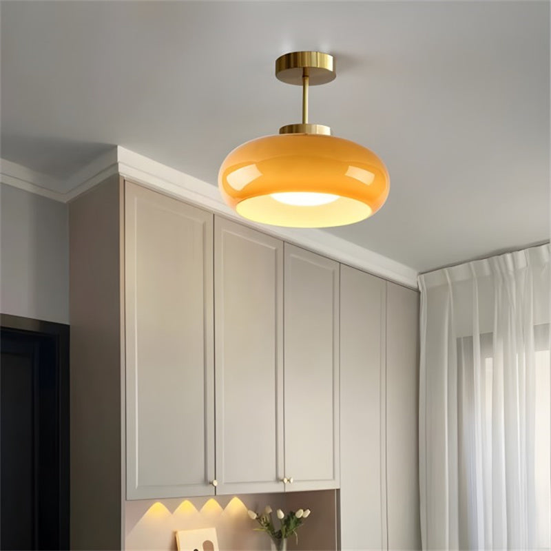 Glass Disc Ceiling Light – Vintage Brass Bauhaus Fixture for Hallway