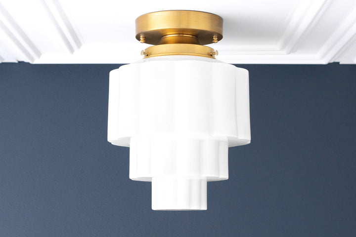 Geotower Glass Brass Ceiling Light – Art Deco Ribbed Globe Flush Mount