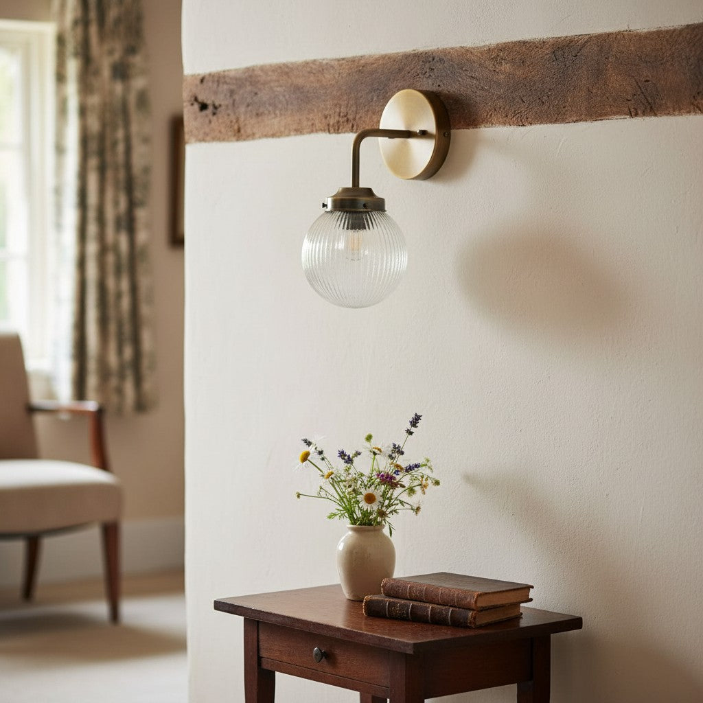 Glorica Glass Aged Brass Wall Sconce - Ribbed Glass Shade Industrial Style Lighting