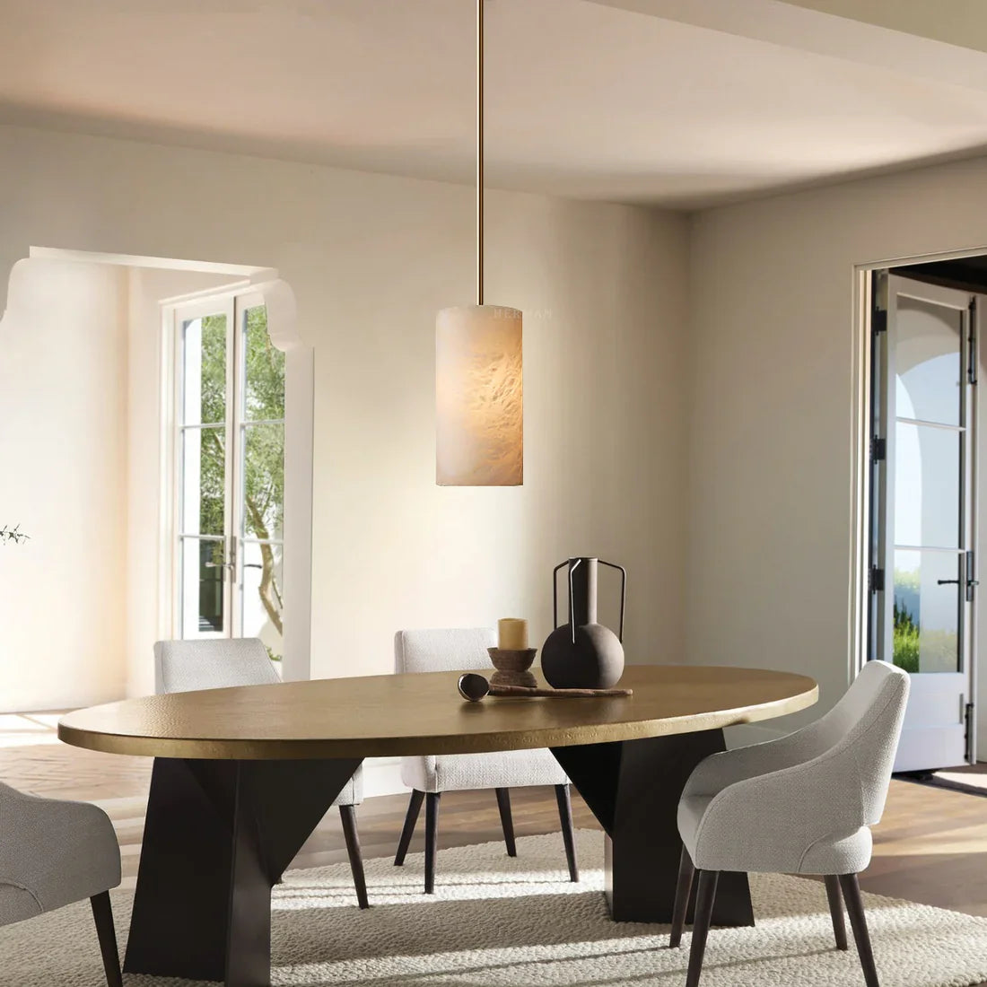 Hand Carved Alabaster Cylinder Pendant Light