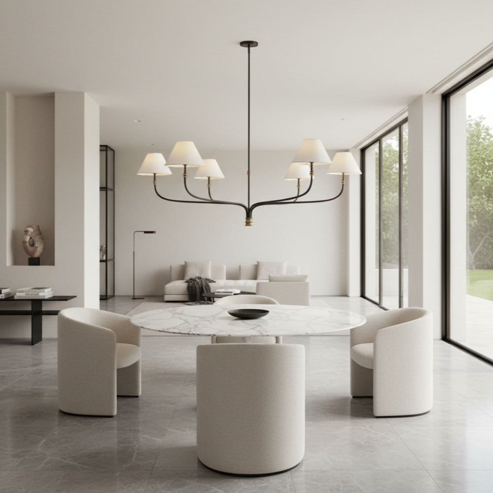 Calin Linen Shade Chandelier - Bronze Iron Round Lamp for Living Room