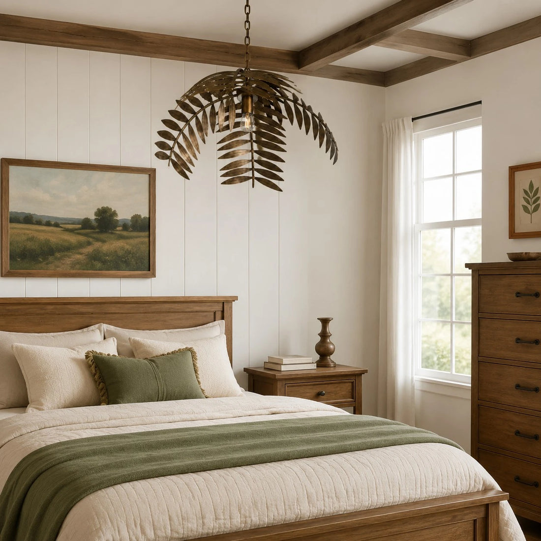 Antique bronze palm leaf chandelier in a country bedroom