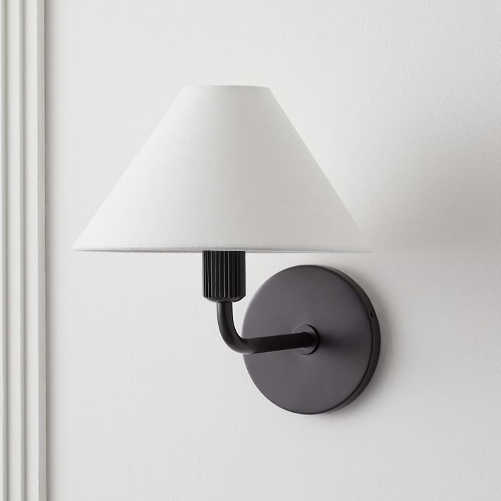Diora Modern Brass Wall Sconce - Tapered Linen Shade Lamp for Bedroom