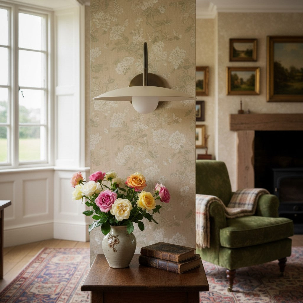 Curva Metal Modern Wall Sconce - Antique Brass Arm with Cream Disc Shade