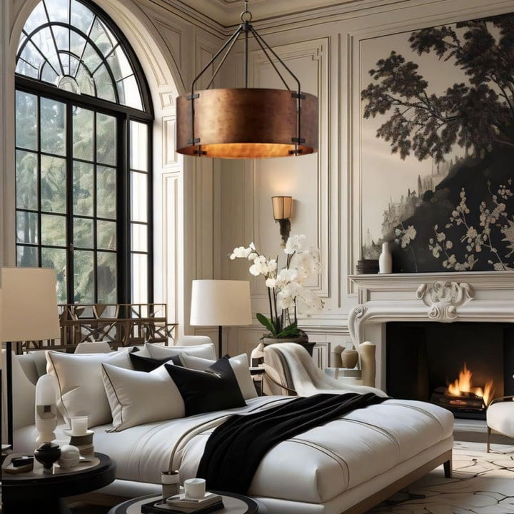 Suspension tambour vintage – Laiton de haute qualité, lumière chaude, installation facile