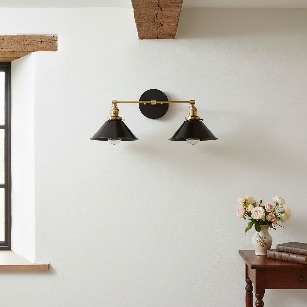 Conique Metal Dual Black Sconce with Cone Shades - Industrial Vanity Wall Light for Mirror