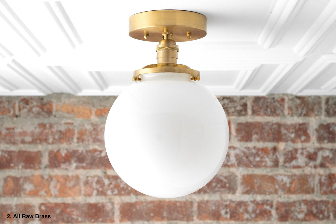 Glorica Glass Mid Century Semi Flush Ceiling Light - White Opal Glass Globe Fixture