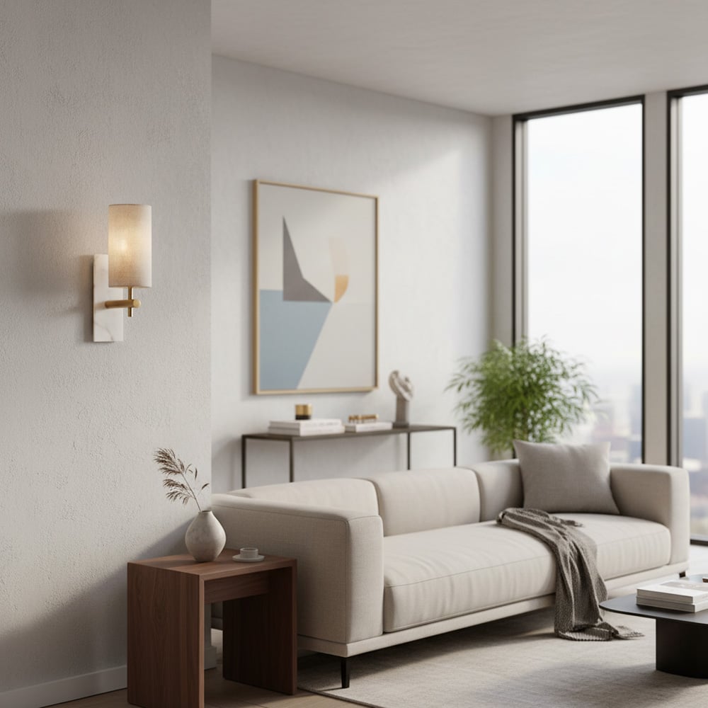 Vintage Brass Marble Wall Sconce - Natural Linen Shade