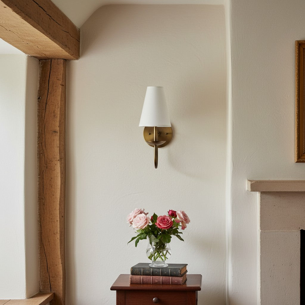 Curva Metal White Linen Sconce - Classic Brass Wall Light for Bedrooms