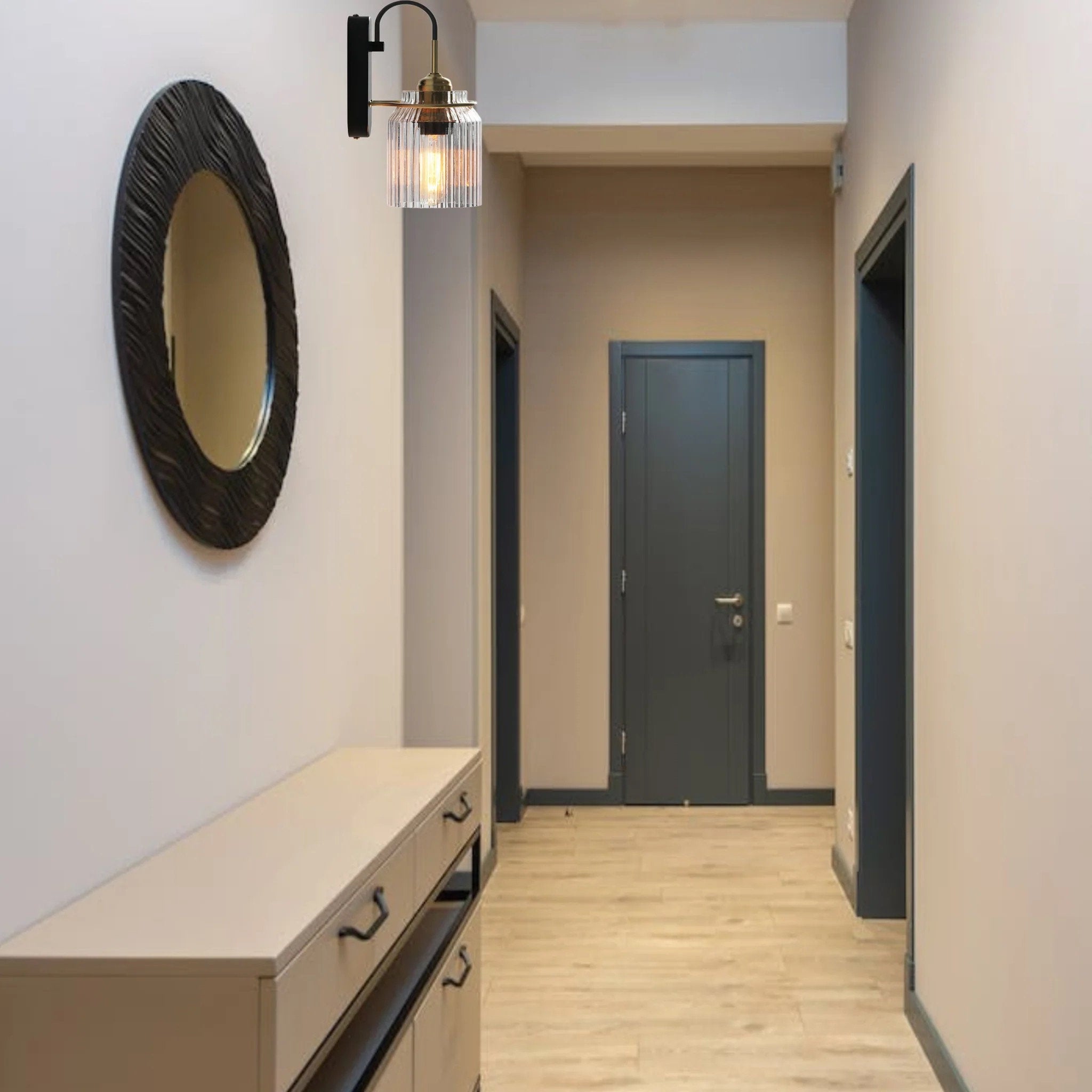 Farmhouse Wall Sconce - Striped Glass and Brass Wall Light