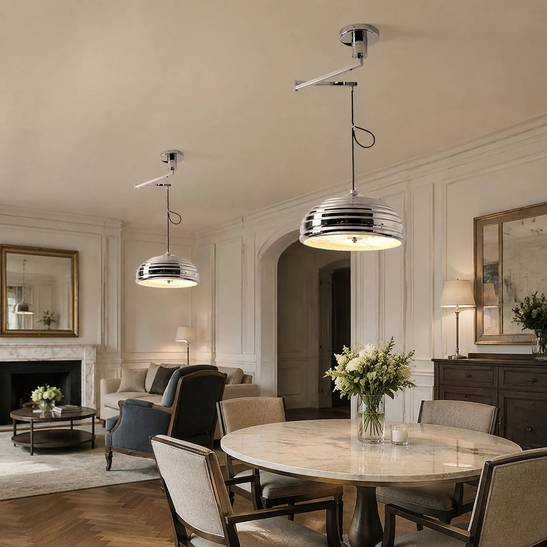 Chrome adjustable pendant light in a classic living dining room