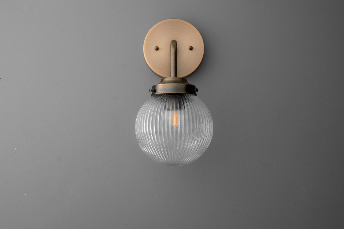 Glorica Glass Aged Brass Wall Sconce - Ribbed Glass Shade Industrial Style Lighting