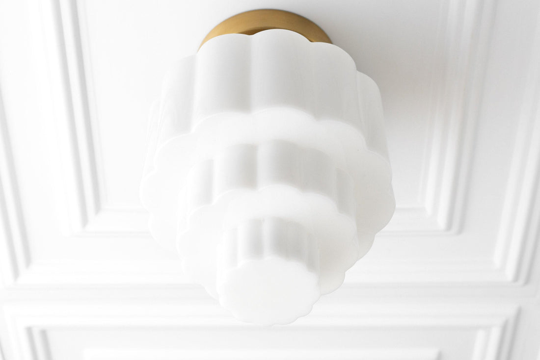 Geotower Glass Brass Ceiling Light – Art Deco Ribbed Globe Flush Mount