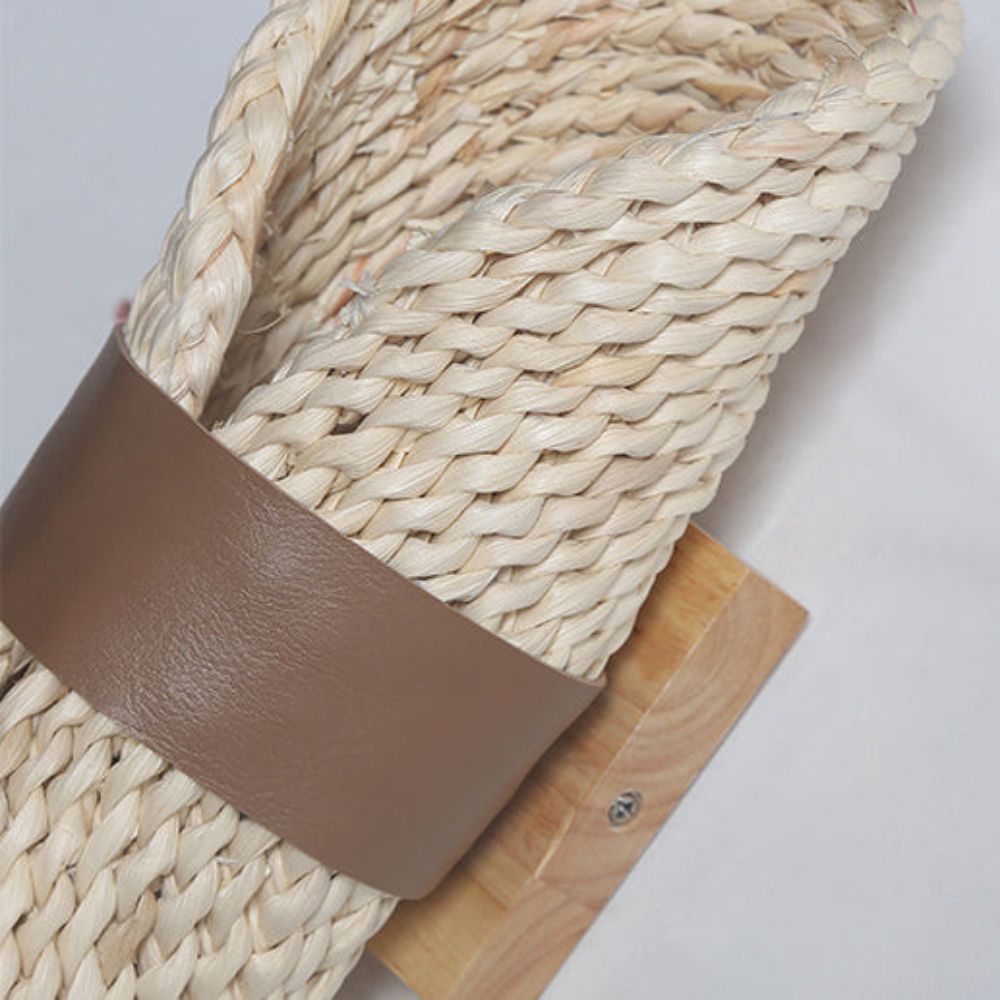 Natural Straw Woven Wall Lamp - Curved Leather Sconce for Bedroom
