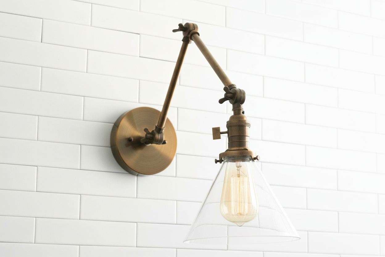 Conique Metal Industrial Wall Sconce with Adjustable Arm - Vintage Glass Cone Shade