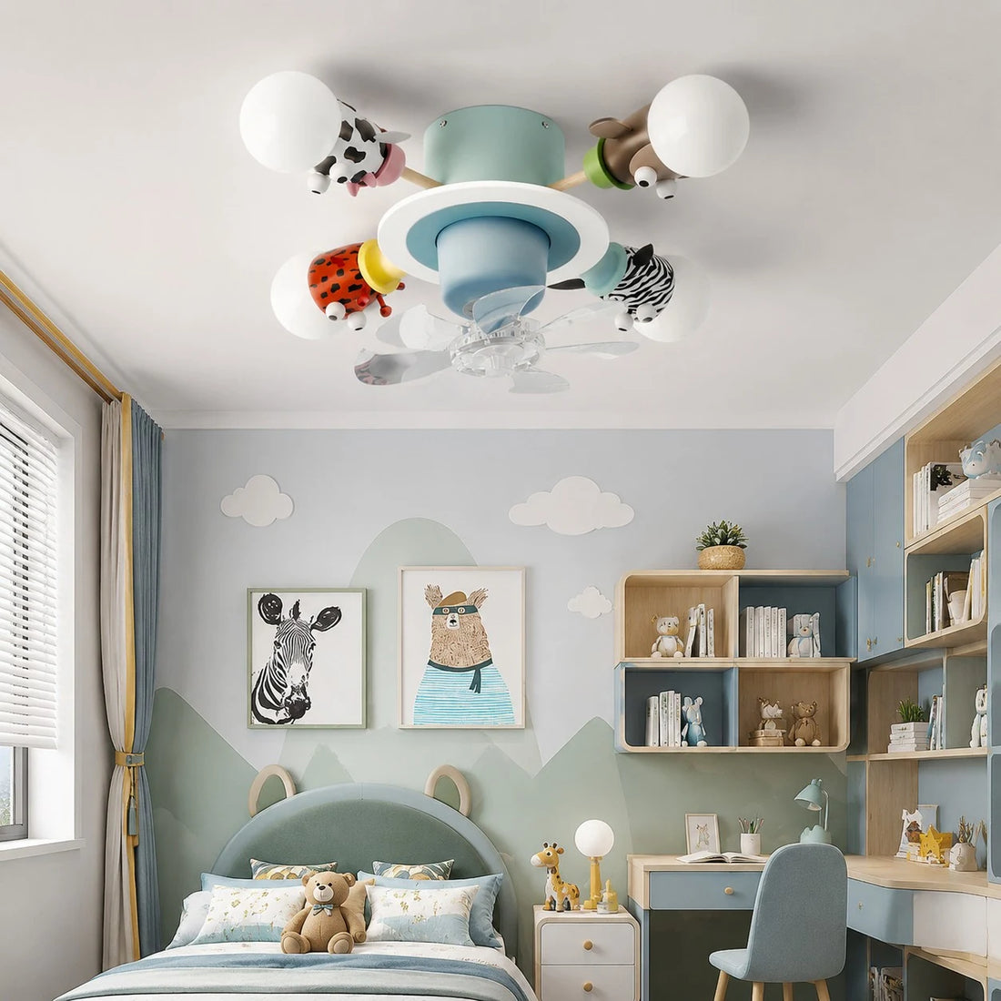 Blue kids animal ceiling fan light mounted in a child bedroom