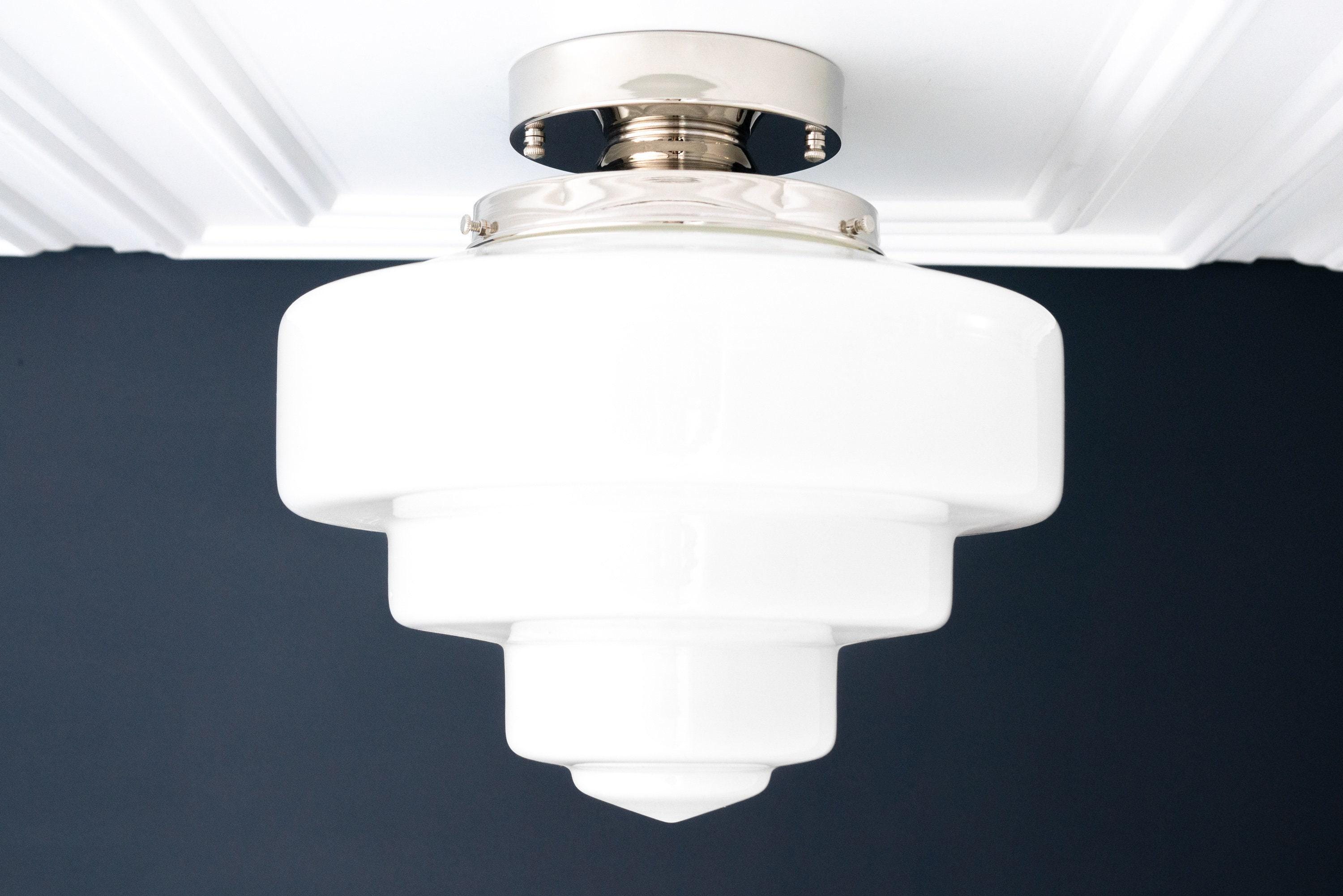 Geotower Glass Brass Ceiling Lamp – Handblown Opal Glass Globe Light