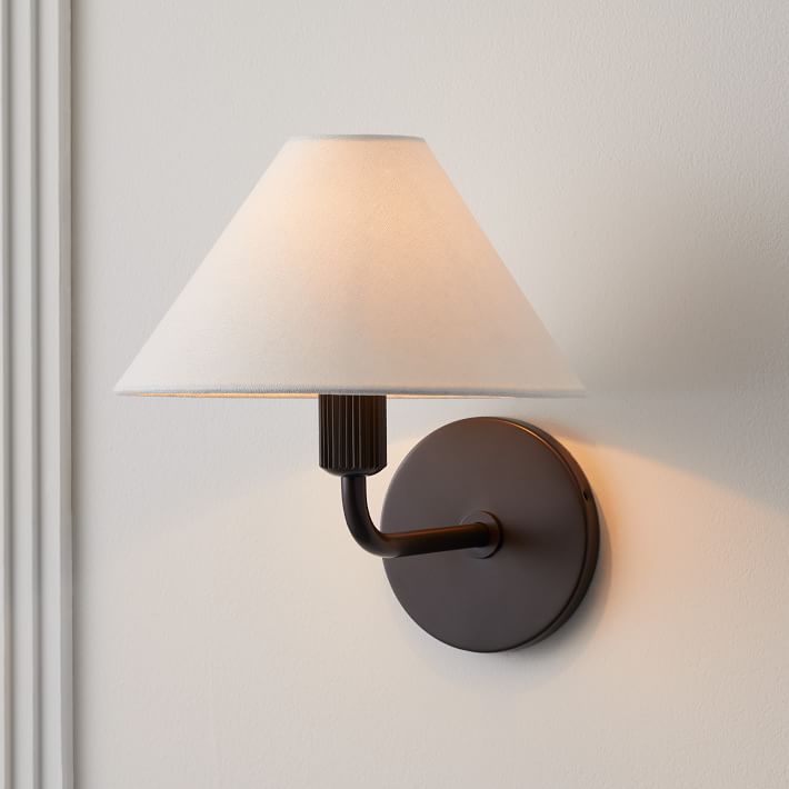 Diora Modern Brass Wall Sconce - Tapered Linen Shade Lamp for Bedroom