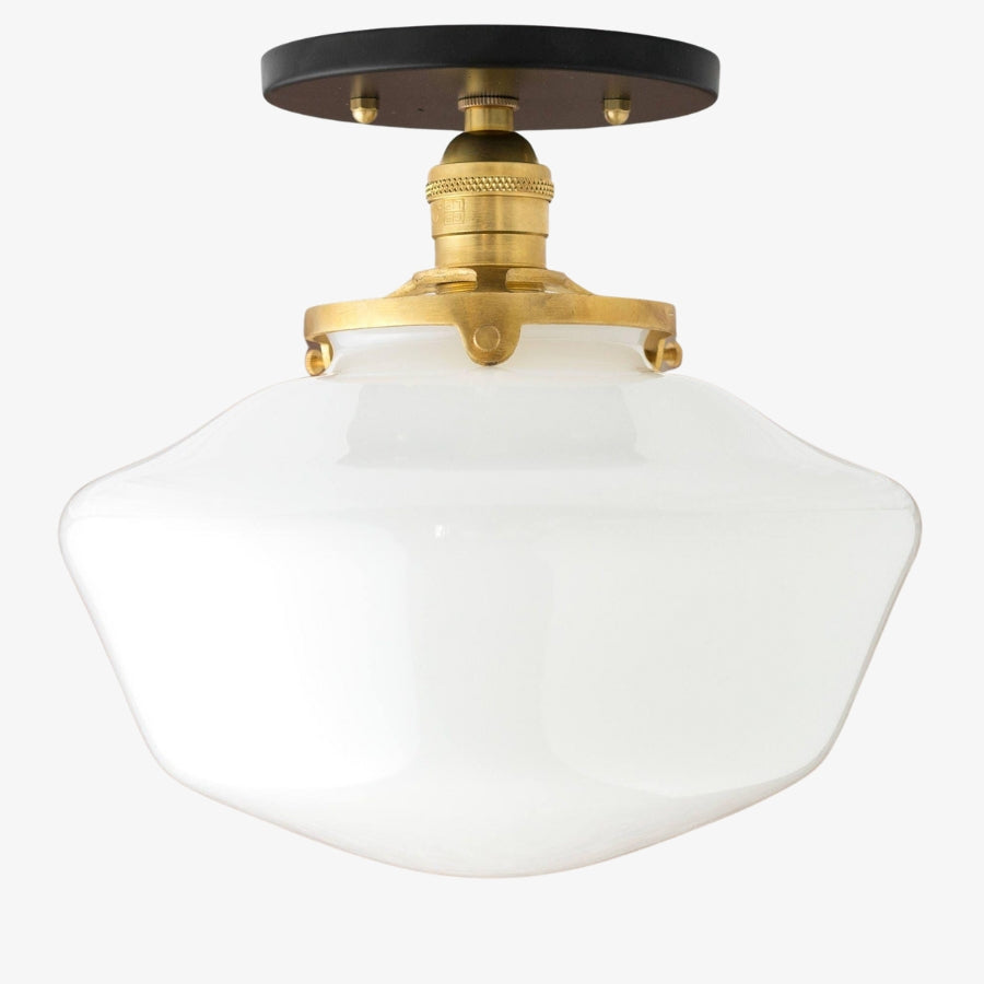 Geotower Glass Brass Ceiling Light - Opal Glass Schoolhouse Shade - Modern Elegance