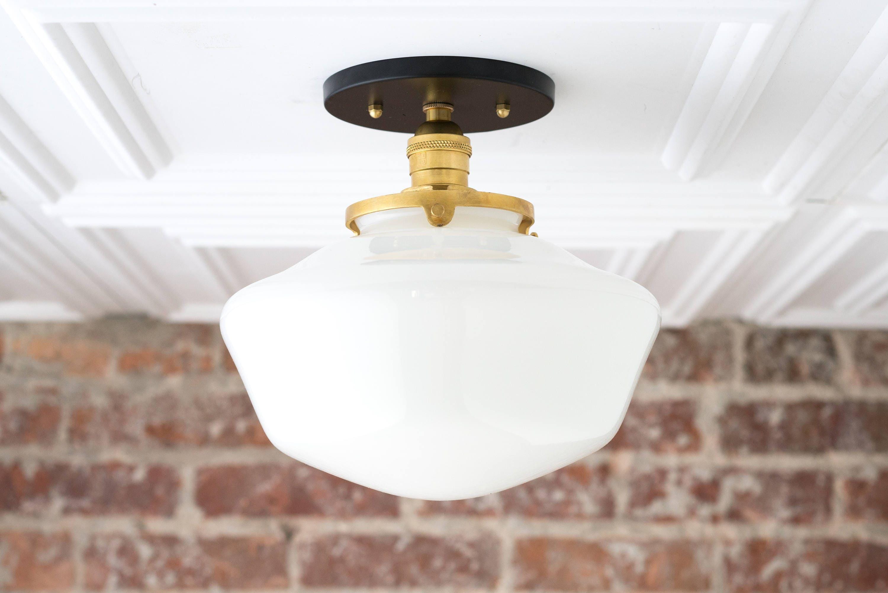 Geotower Glass Brass Ceiling Light - Opal Glass Schoolhouse Shade - Modern Elegance
