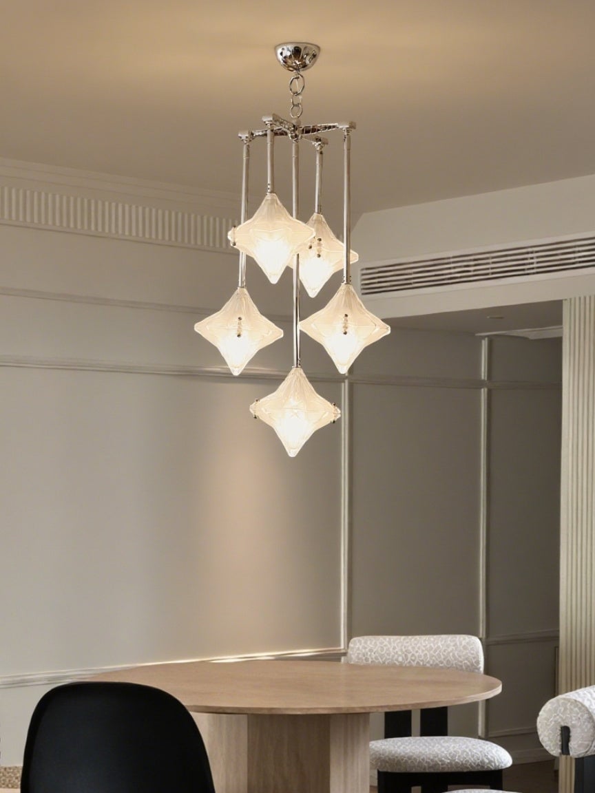 Art Deco Astris Star Chandelier -Frosted Glass Deco Fixture for Dining Room